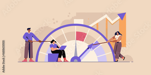 Teamwork and collaboration to increase performance and achieve business growth with a speedometer and upward trending graph