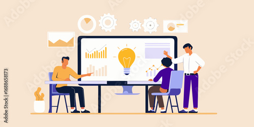Team collaborating on a business idea presented on a large computer screen with charts and a lightbulb