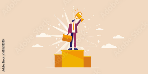 Successful businessman holding a trophy on a winner s podium with a briefcase and celebratory sparkles