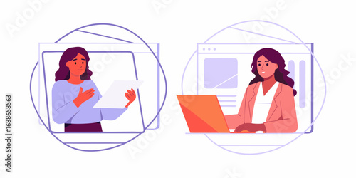 Two women collaborating remotely one reviewing documents and the other working on a laptop