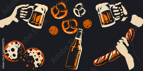 Hands holding beer mugs and sausages surrounded by pretzels cookies and a beer bottle