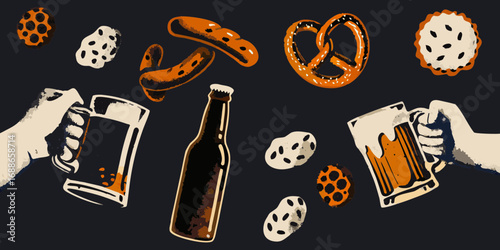 Hands holding beer mugs and a bottle of beer with pretzels and snacks on a dark background