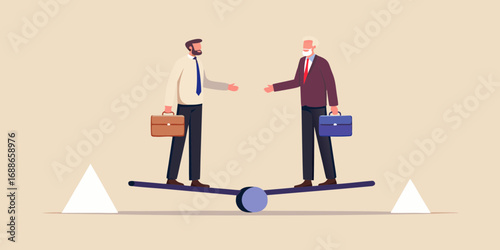 Two businessmen on a seesaw with briefcases symbolizing balance and negotiation in business
