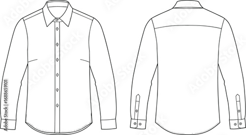 Flat vector CAD drawing of classic men’s formal shirt, long sleeve, front buttons, cuff detail, collar design, and back yoke