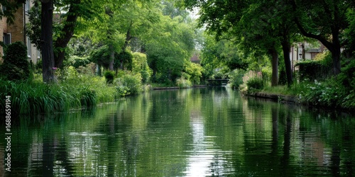 Peaceful Waterway with Rippling Water and Verdant Canal Banks - A peaceful waterway scene featuring rippling water flowing gently through a canal.