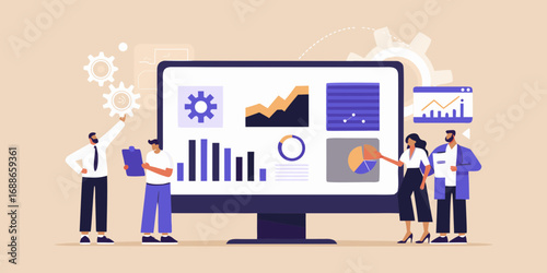 Diverse team of professionals analyzing data charts and graphs on a large computer screen in a modern office setting