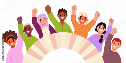 Diverse group of people raising their fists in solidarity and celebration above a rainbow arch