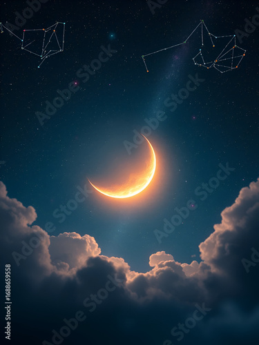 A glowing crescent moon surrounded by vibrant constellations, supernatural energy creating a serene nightscape