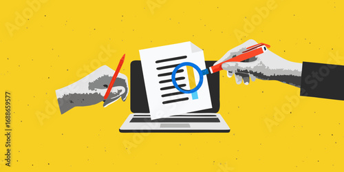 Two hands working on a document on a laptop with a magnifying glass and pen for analysis and review