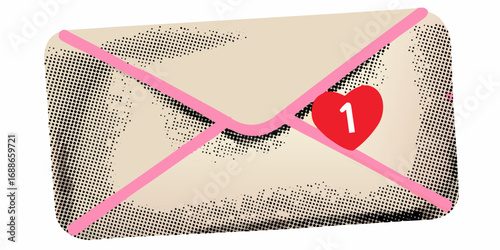 Retro style envelope with pink ribbon and a red heart notification badge showing one new message