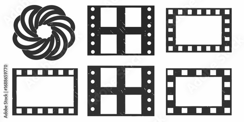 Collection of vintage film strips and a circular graphic element in black and white
