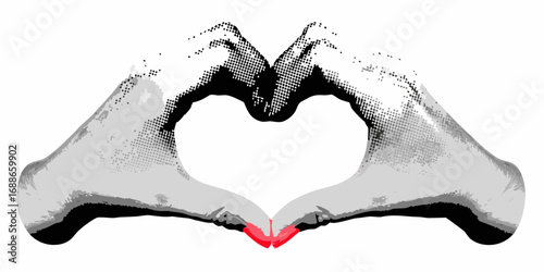 Stylized black and white hands forming a heart shape with red fingertips on white background