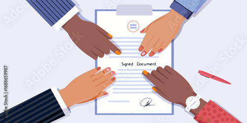 Diverse group of hands collaborating to sign a document on a clipboard with a pen nearby