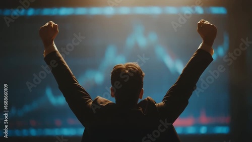 businessman raising hands in front of financial chart success concept stock market investment profit growth trading achievement business victory economy