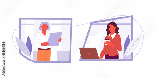 Two women collaborating in separate office cubicles with a connection between them