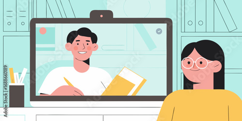 Two people having a video call for online learning or remote work collaboration