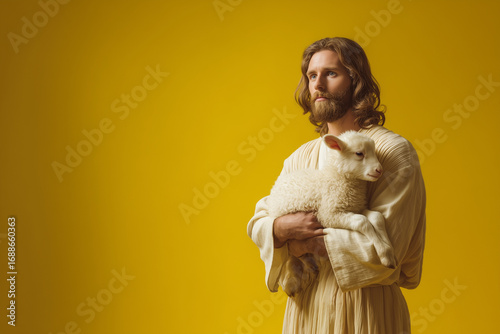 Realistic portrait of Jesus Christ gently holding a lamb