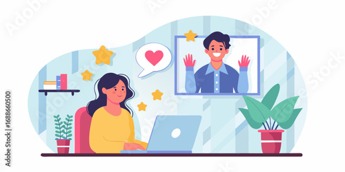 Woman working on a laptop and video calling a smiling man with a heart symbol above her head