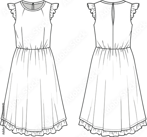 Flat vector CAD drawing of girls ruffle sleeve dress with gathered waist, round neck, back button, hem frill, and summer style