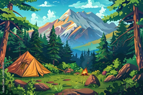 High Resolution Image of Vector Illustration of a Camping Tent in the Forest