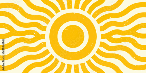 Abstract sunburst with wavy rays and textured yellow design on cream background
