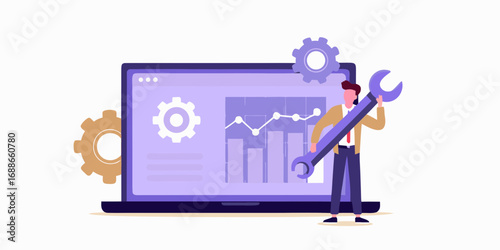 Man with wrench and laptop showing data analytics and gears illustrating business process optimization and technical support