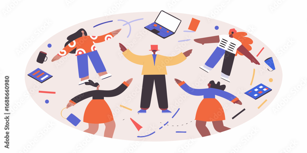 Fototapeta premium Diverse group of people in colorful clothing with technology and abstract shapes floating around them