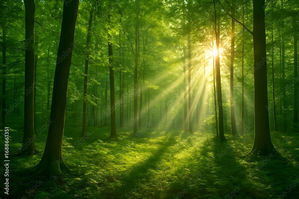Obraz premium green forest landscape with sunlight