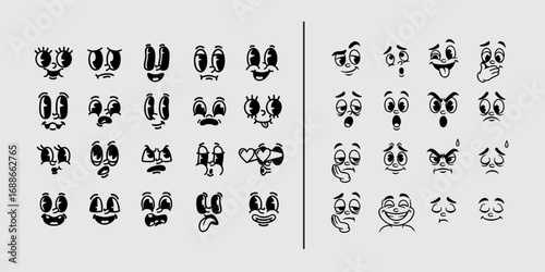 Cartoon face expressions set with cute emoji reactions, funny comic character emotions, animated eyes and mouth elements for stickers, memes, avatars, and vintage mascot design. 