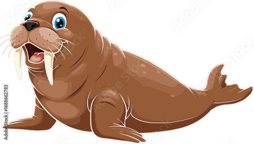 Funny cartoon walrus with big white tusks sitting on ground, cute brown marine animal character vector illustration for kids design.