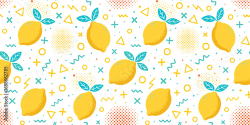 Seamless vector pattern with bright yellow lemons and green leaves on a white background, decorated with geometric shapes and dots. Fun and modern design for summer projects.