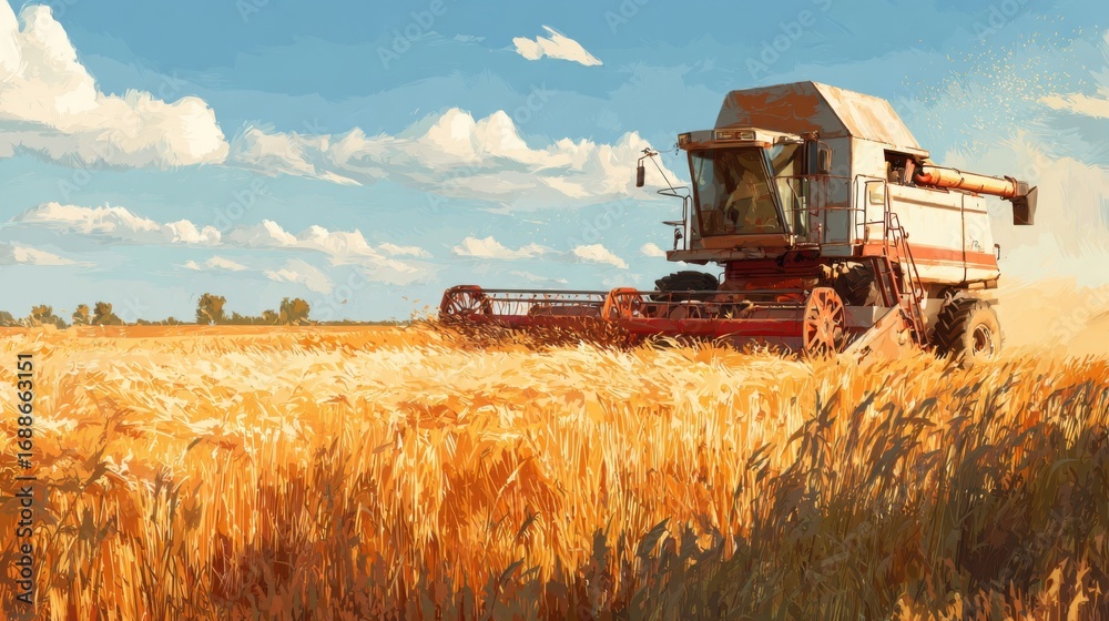 Naklejka premium A combine harvester works efficiently in a vast golden wheat field under a bright blue sky with fluffy clouds. The sun illuminates the tall wheat stalks as they are harvested.