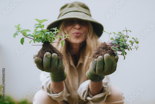 Close-up portrait of a woman wearing a bucket hat and gardening gloves, holding young vegetable seedlings in her hands. Gardening, sustainability, and eco-friendly lifestyle concept.