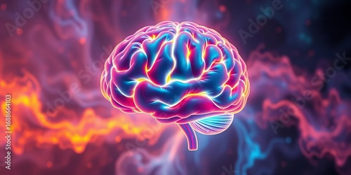 Glowing human brain, abstract swirling nebula backdrop,  creativity,  neurology
