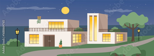 Modern House at Night. Modern house design. Night at villa. Real estate.