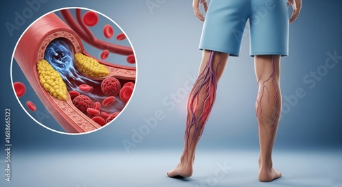A legs with visible varicose veins and circular inset showing blocked blood flow and plaque, educational illustration of spider veins