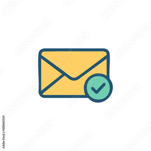 Yellow mail envelope icon with a green check mark, suitable for email verification or approved message notifications in digital designs