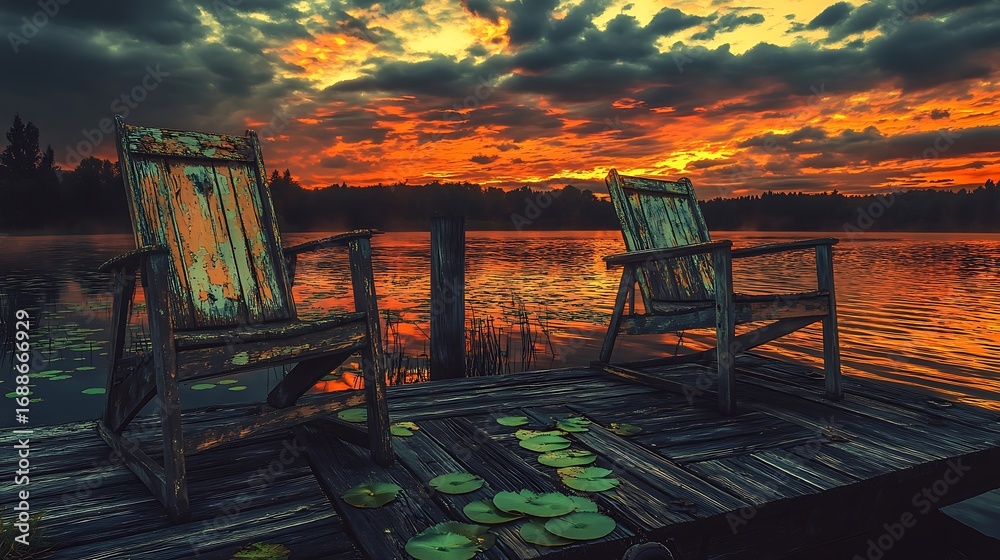 Fototapeta premium Sunset view of a tropical beach resort with ocean water, sand, wood furniture, and chairs for a relaxing summer vacation