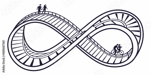 Couple holding hands on infinity loop roller coaster, cyclist enjoying ride