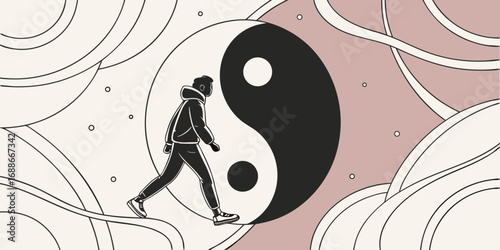 Man walks towards balance and harmony represented by the Yin Yang symbol in a modern graphic style.
