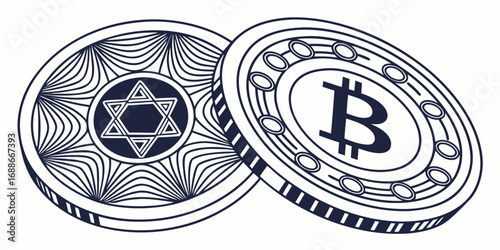 Bitcoin digital currency meets ancient Star of David symbol representing financial fusion