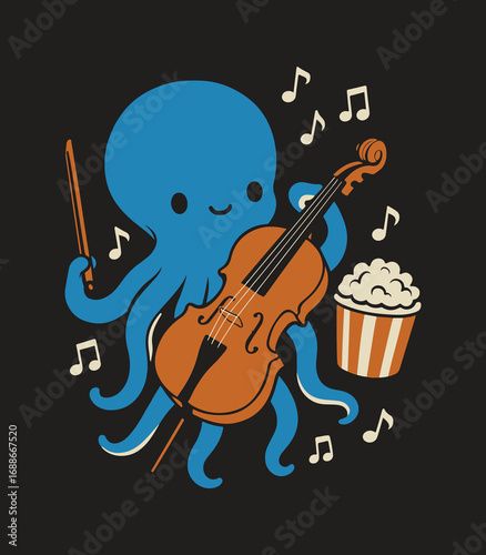 Cute Octopus Playing Cello & Popcorn – Music Lover Cartoon Graphic Tee