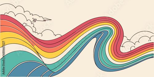 Vibrant retro rainbow waves with whimsical clouds, a dynamic and joyful abstract design