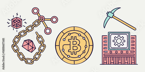 Dynamic Bitcoin mining, blockchain security, and digital asset concepts illustrated with vibrant icons