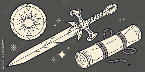 Fantasy sword and shield with ancient scroll ready for adventure and discovery