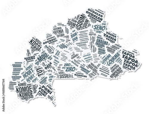 Burkina Faso shape text cloud. Country border with shadow on white background. Burkina Faso with regions division in vintage gazette style. Elegant vector illustration.