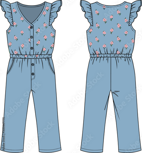 Girls’ floral ruffle sleeve jumpsuit CAD drawing, flat fashion vector sketch with button front, elastic waist, and pockets