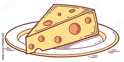 Delicious wedge of Swiss cheese with holes served on a white plate, perfect for food concepts.