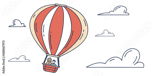 Couple enjoys scenic adventure soaring through clouds in a vibrant hot air balloon