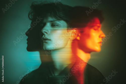 portrait of a sad depressed young male with depression and bipolar mental disorders. Psychosis and paranoia. Stress and schizophrenia. Blurry glitch effect